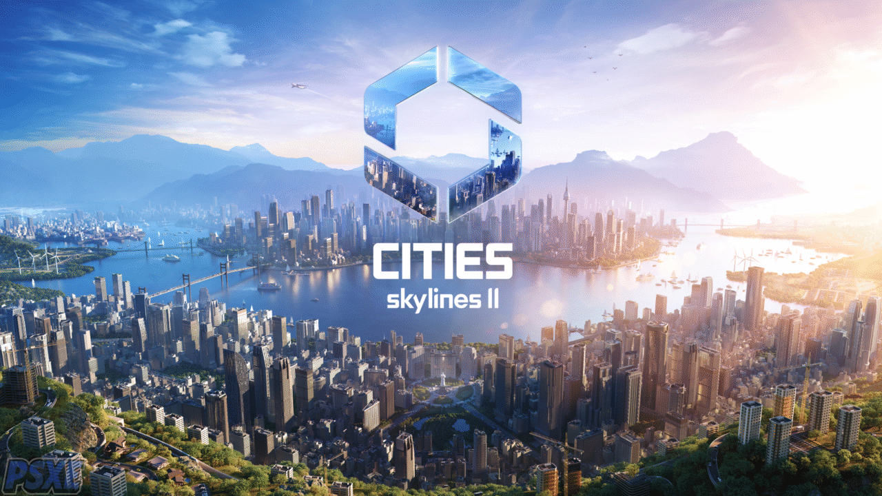 Promotional image for Cities Skylines II, featuring the game's logo prominantly featured in the city with a sprawling city landscape situated on a stunning bay at sunrise.