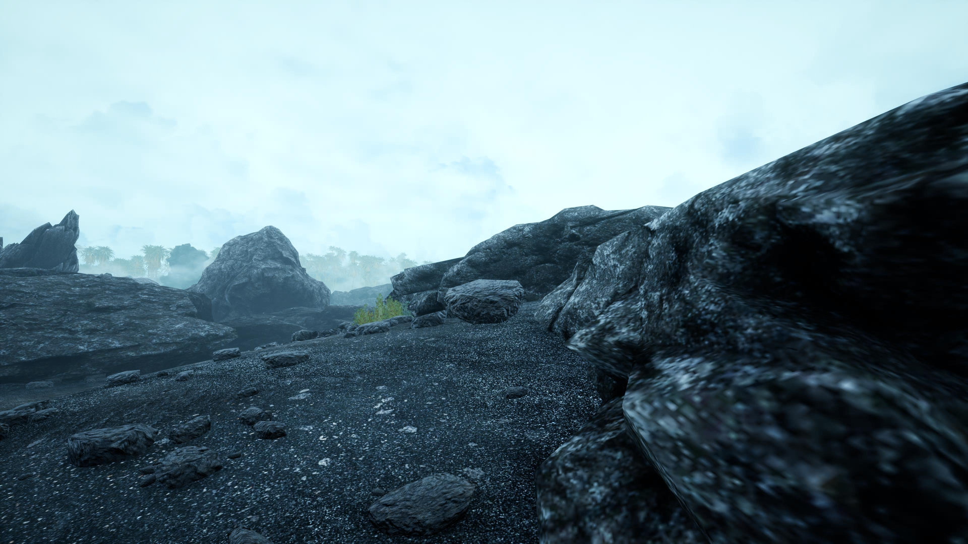 A rock on the side of a walking path, floating in the air.
