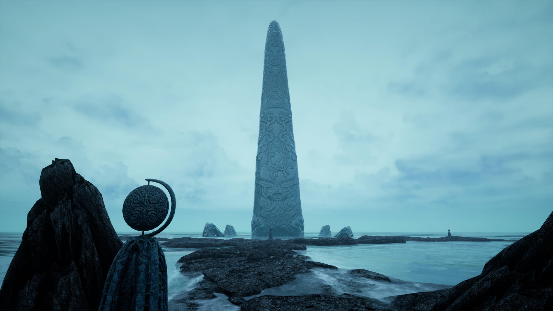 An intimidating monolith standing just off the shore.