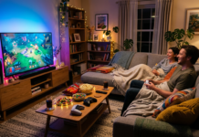 The Best PS5 Games to Play With Your Partner (Even If They Hate Video Games) Cozy living room, controllers, colorful TV light, snacks