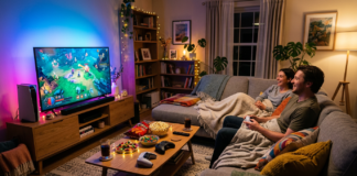 The Best PS5 Games to Play With Your Partner (Even If They Hate Video Games) Cozy living room, controllers, colorful TV light, snacks
