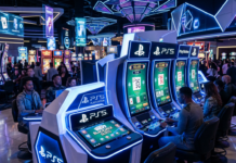 Why Do Major AAA Games Include Casino Mini-Games? And Which Ones Do It Best? Futuristic casino with PS5 themed neon blackjack slots