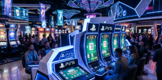 Why Do Major AAA Games Include Casino Mini-Games? And Which Ones Do It Best? Futuristic casino with PS5 themed neon blackjack slots